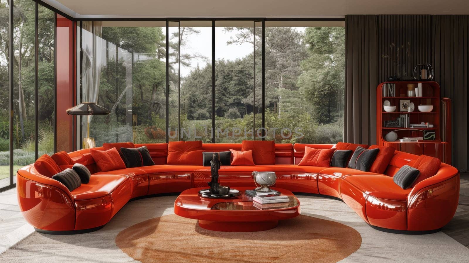 A large orange couch sitting in a living room next to some windows, AI by starush