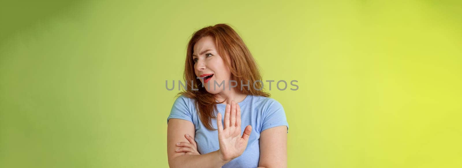 Enough wasting my time. Ignorant uninterested redhead mature woman turn away displeased reluctant show stop no gesture hold palm refusal rejecting unpleasant offer green background.