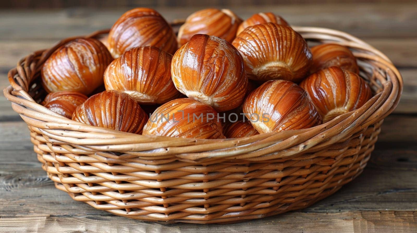 A basket of nuts in a wooden bowl on top of the table