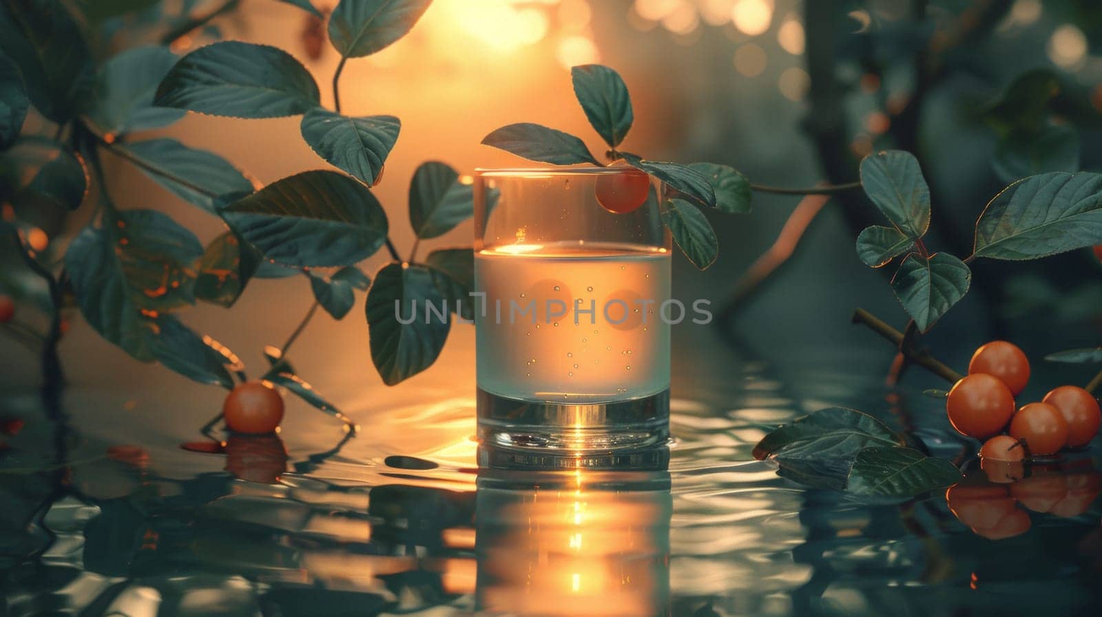 A glass of water sitting on top of a leafy branch