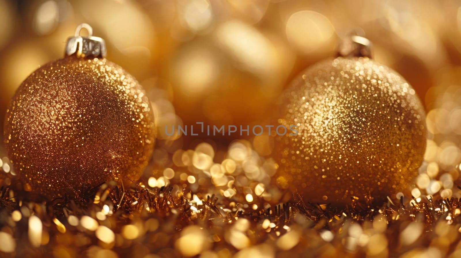 Two shiny gold christmas ornaments on a glittery surface, AI by starush