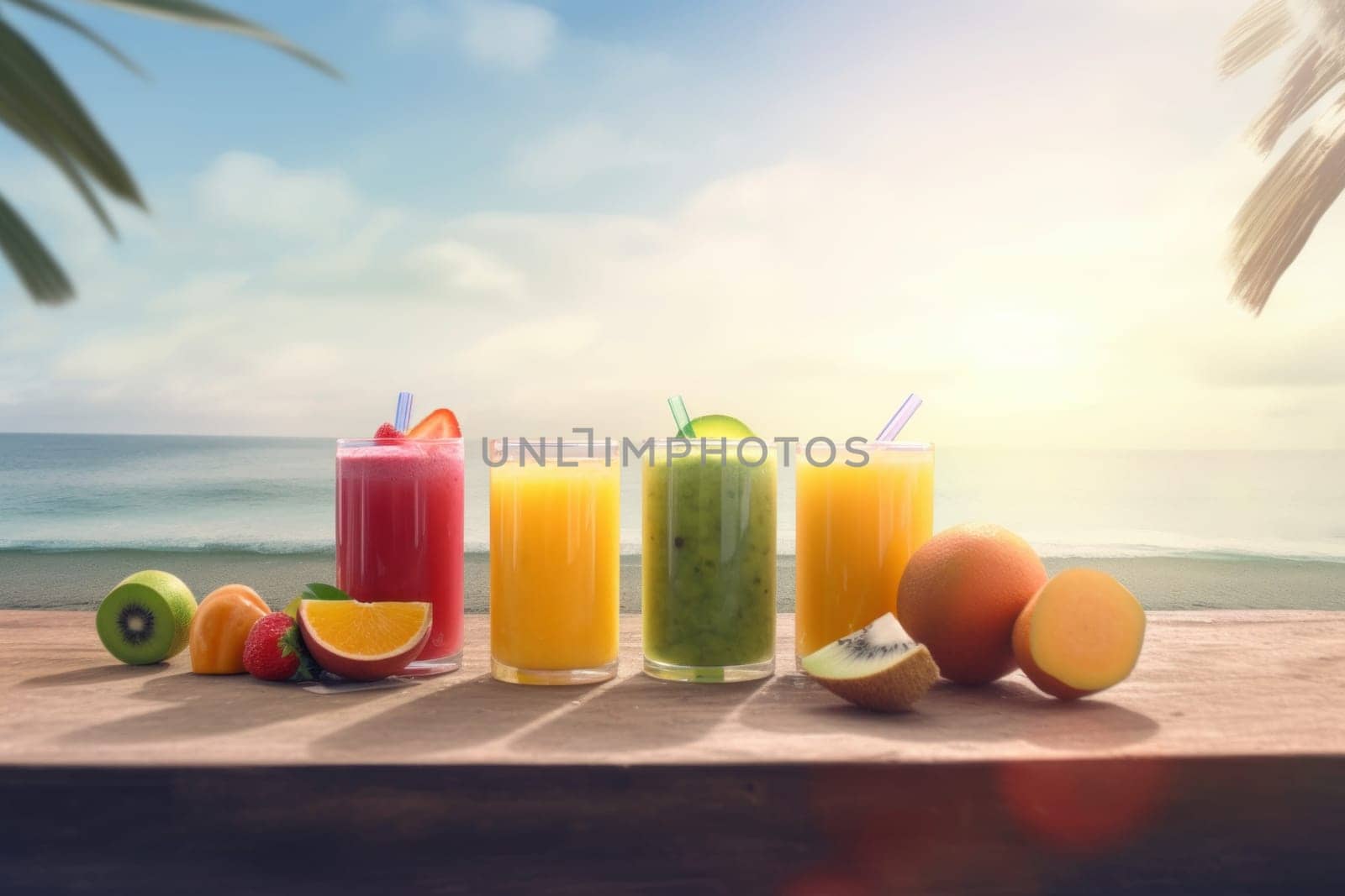 Fresh juice fruits on beach. Drink glass. Generate Ai