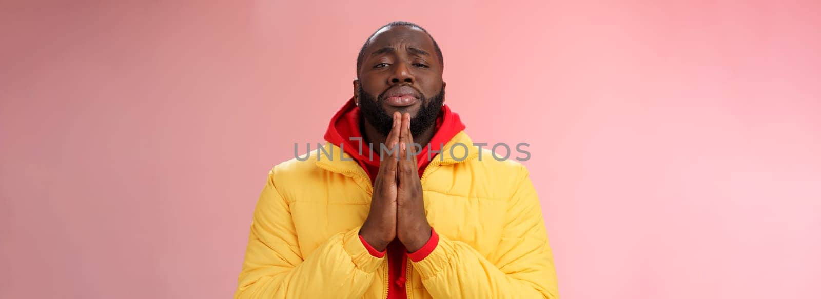 Miserable cute african-american bearded man in yellow coat asking help begging press palms supplicating apologizing please help, standing pink background sad need advice lending money.