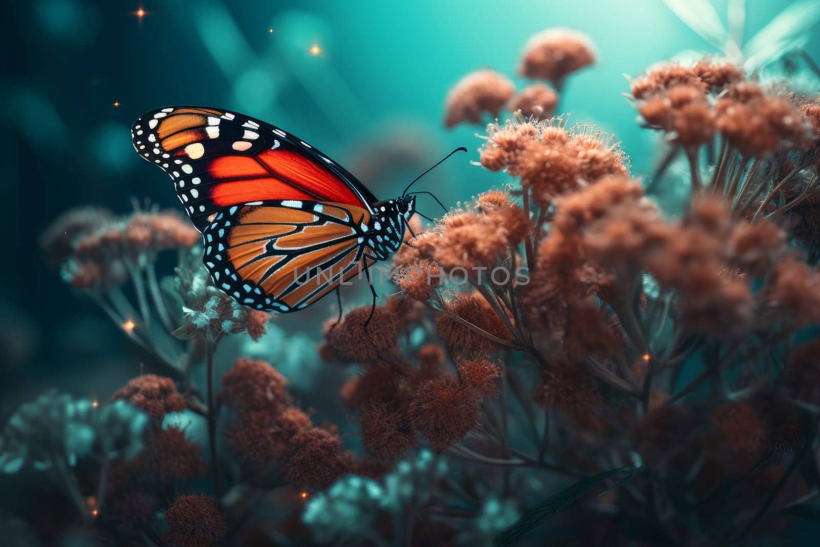 Monarch butterfly on wild flowers. Color plant. Generate Ai