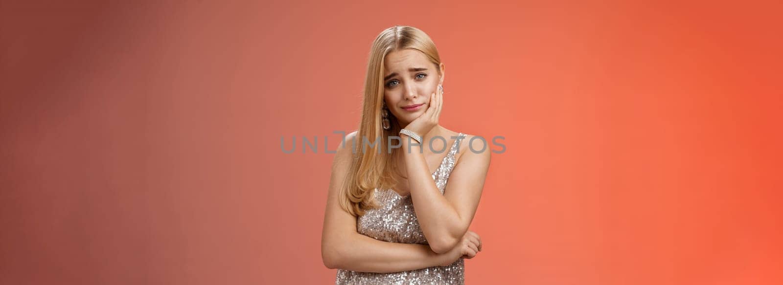 Girl feeling pity empathy friend telling sad story. Attractive stylish glamour girl feel boredom dating uninteresting guy lean head palm smirking frowning intense look annoyed, wanna escape home by Benzoix
