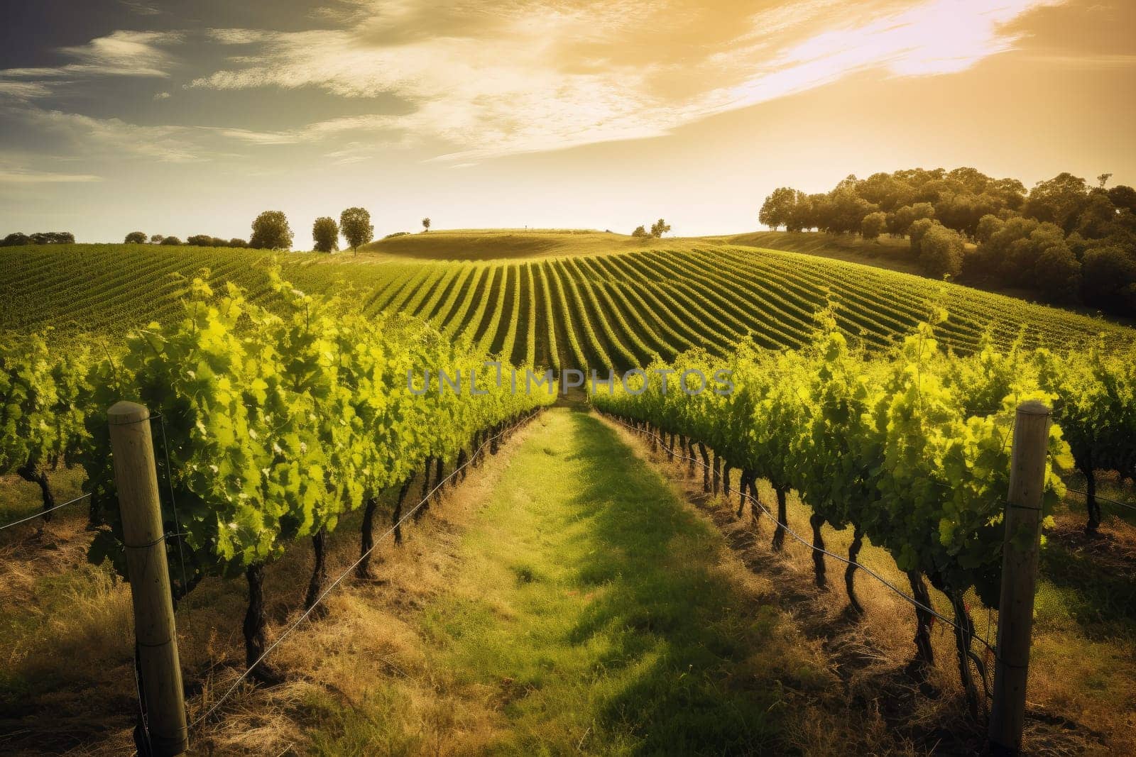 Vineyard landscape sunset. Agriculture harvest. Generate Ai