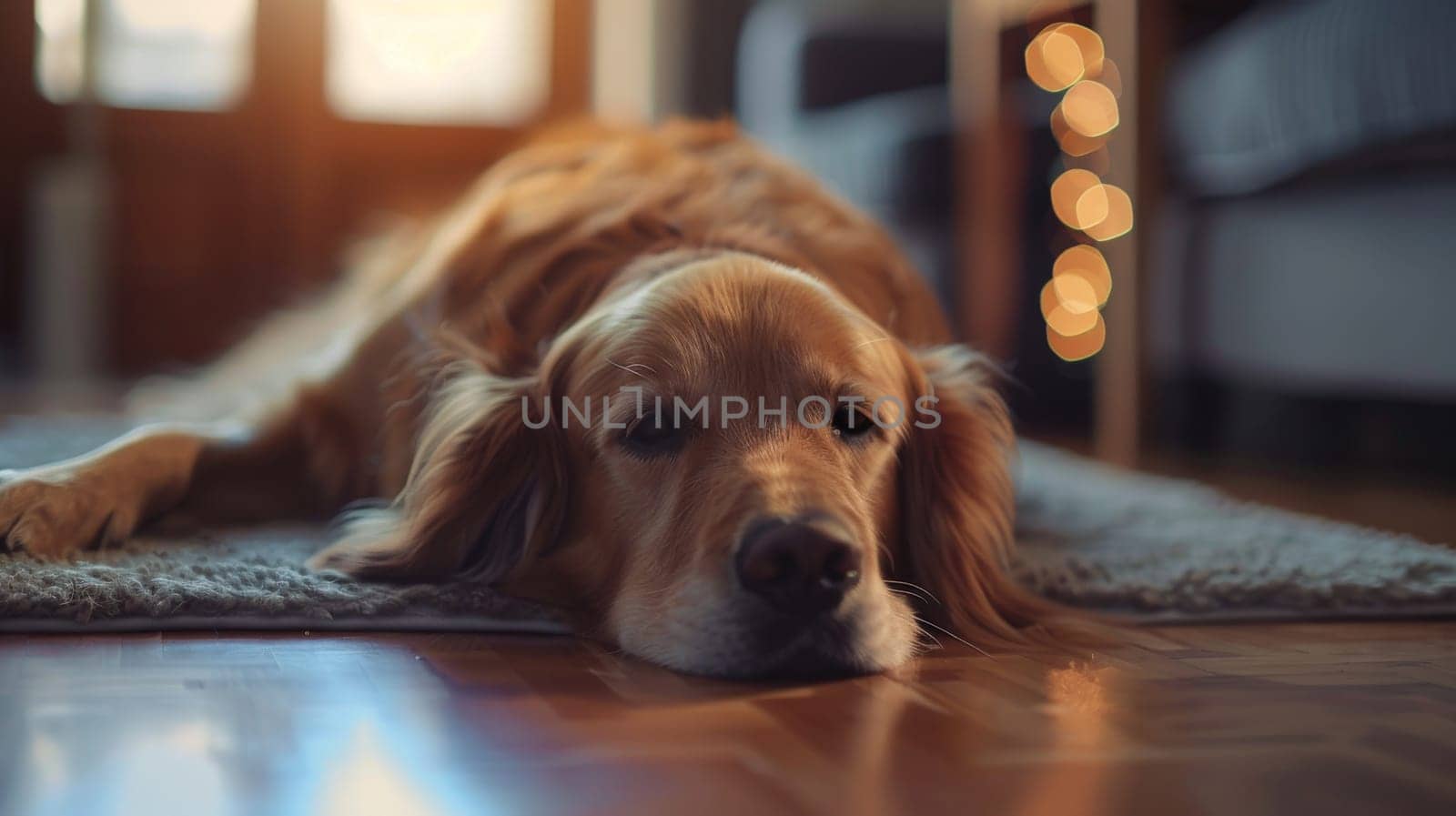 a dog lying down in sunny living room picture, Relaxing on the floor, realistic wallpaper.