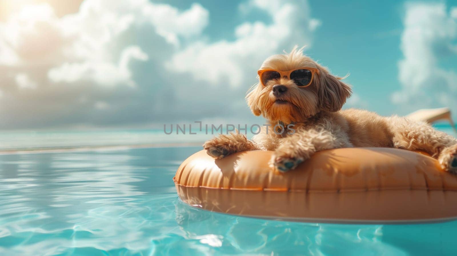 A dog wearing sunglasses and Floating in the Pool, summer season, summer background.