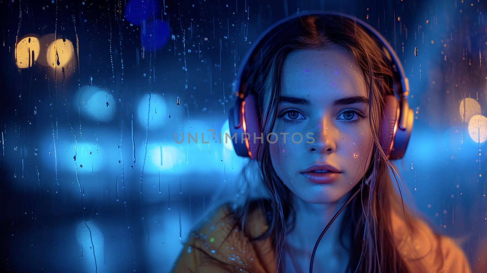 Young Woman Listening to Music on Headphones at Night in the Rain by chrisroll