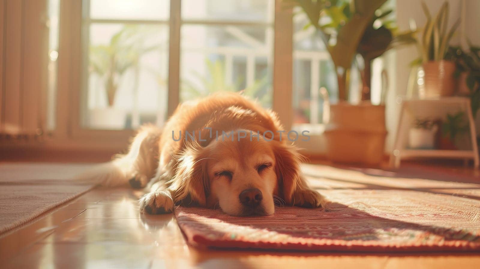 a dog lying down in sunny living room picture, Relaxing on the floor, realistic wallpaper by nijieimu