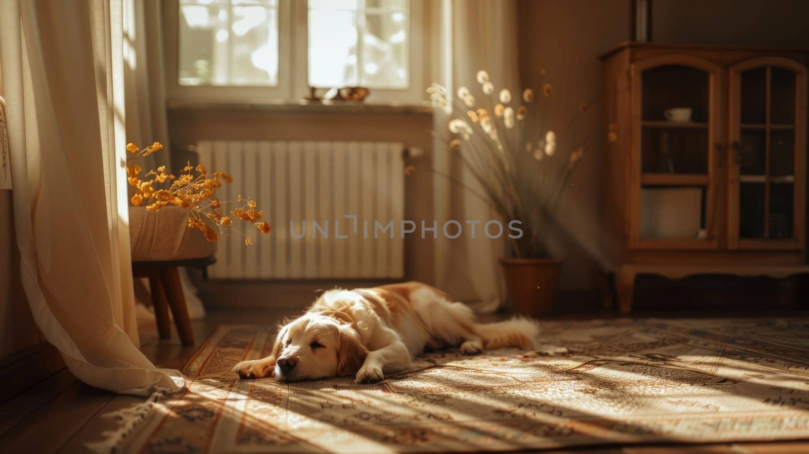 a dog lying down in sunny living room picture, Relaxing on the floor, realistic wallpaper.