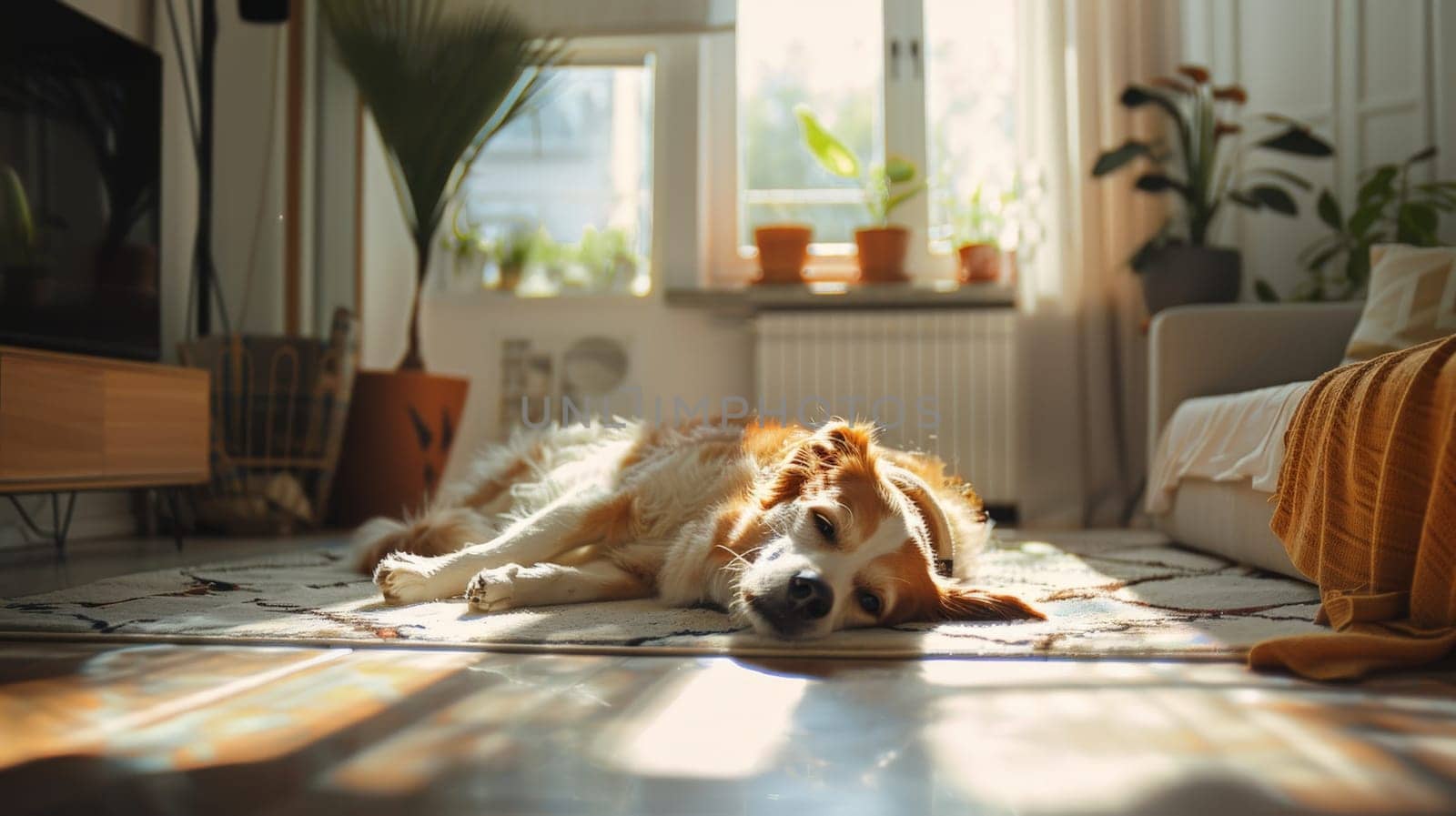 a dog lying down in sunny living room picture, Relaxing on the floor, realistic wallpaper.