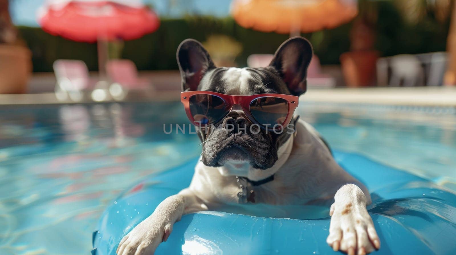 A dog wearing sunglasses and Floating in the Pool, summer season, summer background by nijieimu