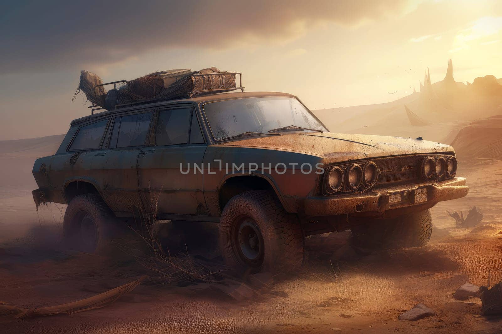 Apocalyptic car desert travel. Generate Ai by ylivdesign