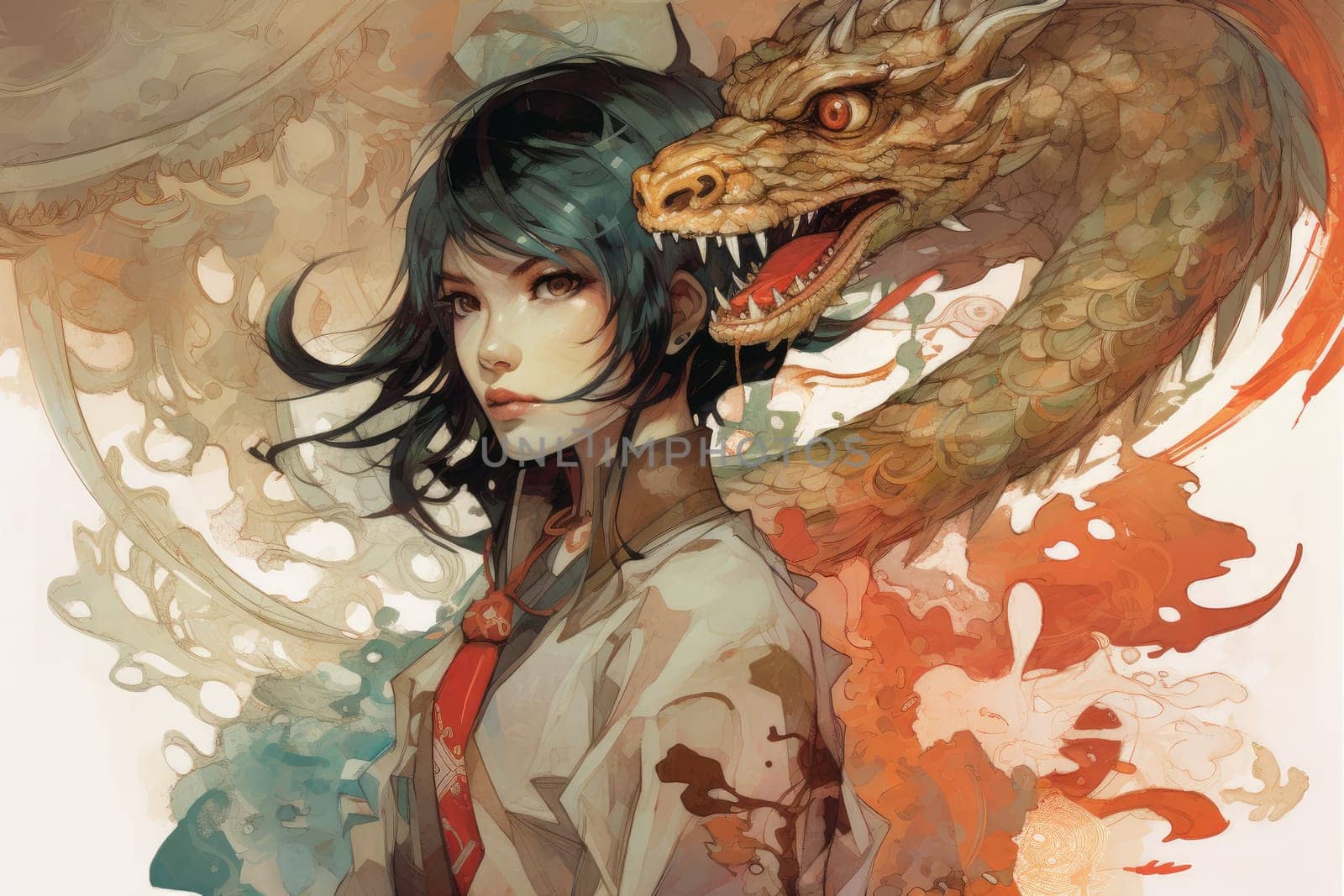 Asian dragon woman art. Japanese girl. Fictional person. Generate Ai