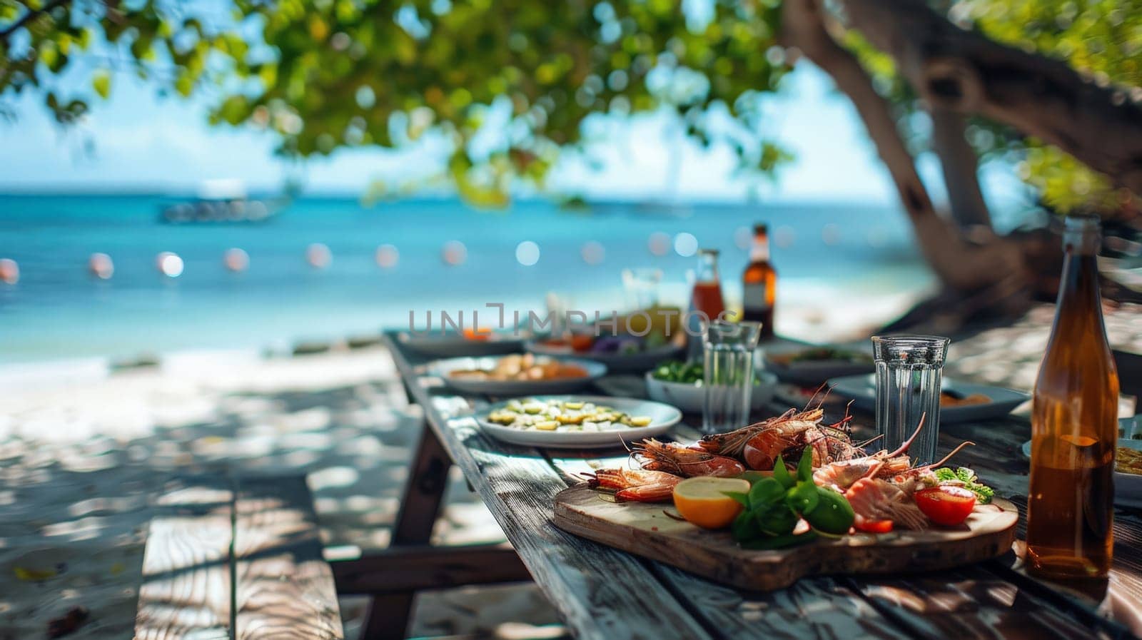 beachside dining setup with seafood on a wooden camping table in summer.