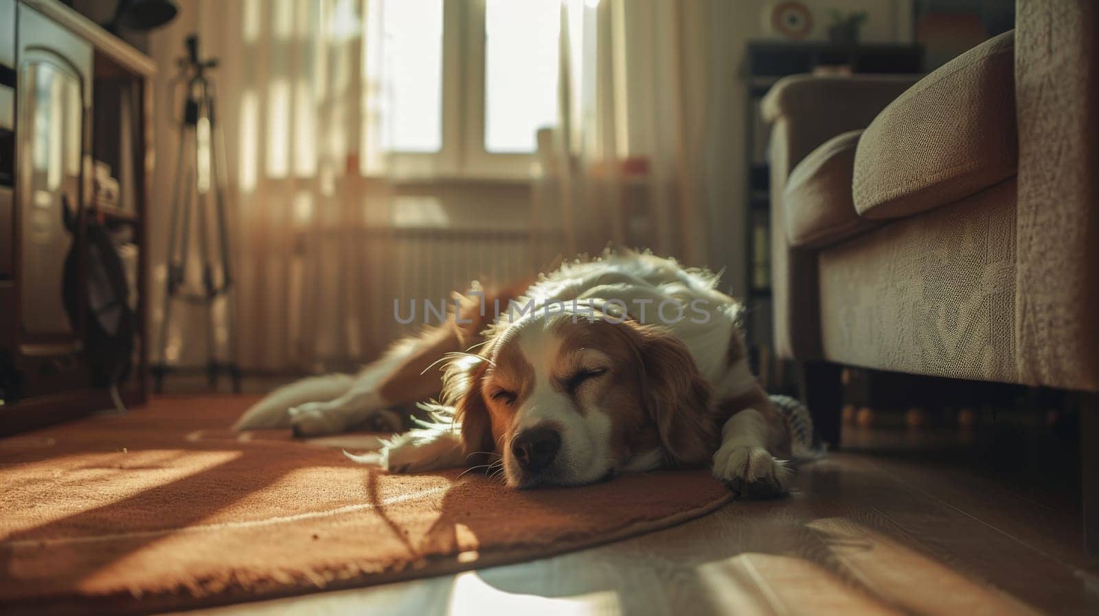 a dog lying down in sunny living room picture, Relaxing on the floor, realistic wallpaper.