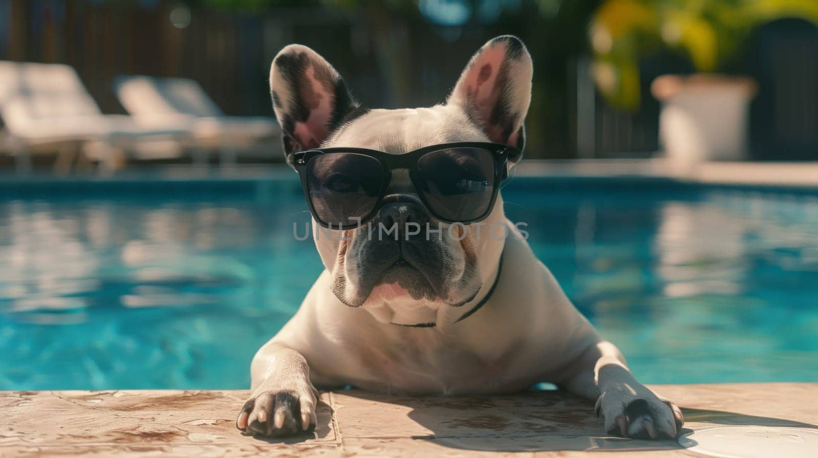 A dog wearing sunglasses and Floating in the Pool, summer season, summer background.