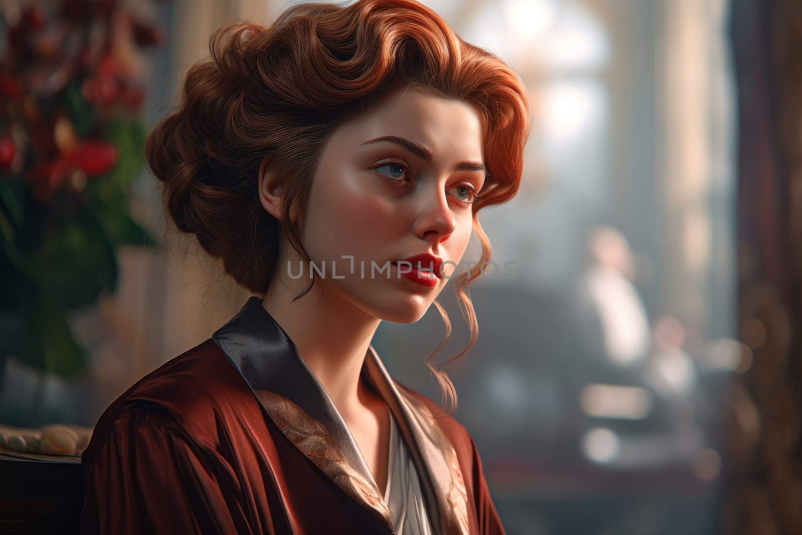Beautiful woman closeup red hair. Digital art. Fictional person. Generate Ai