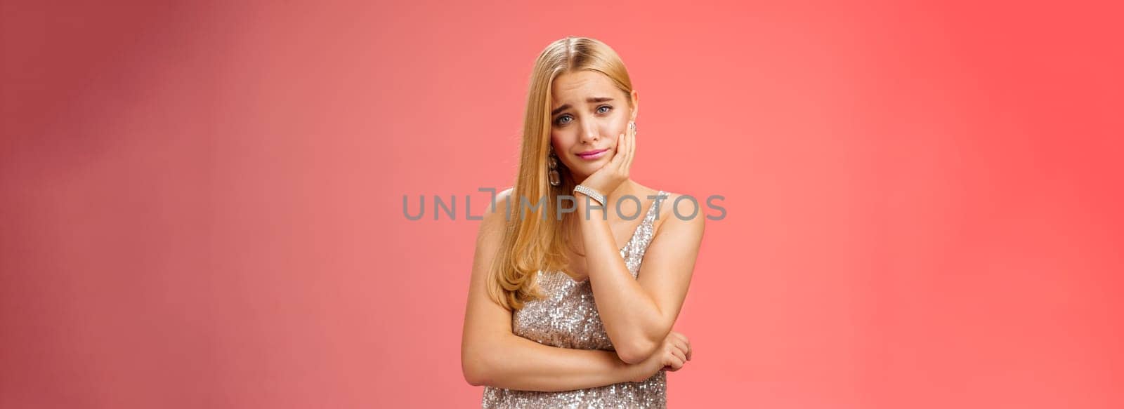 Girl feeling pity empathy friend telling sad story. Attractive stylish glamour girl feel boredom dating uninteresting guy lean head palm smirking frowning intense look annoyed, wanna escape home by Benzoix