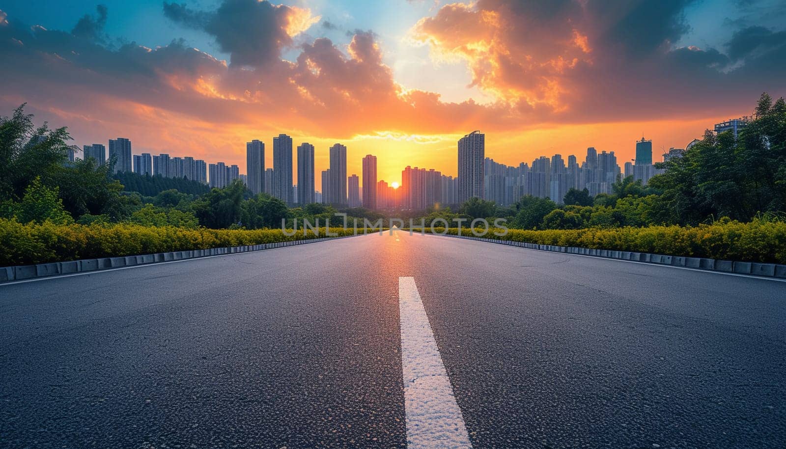 The perspective of the road against the background of sunset and the cityscape. High quality photo