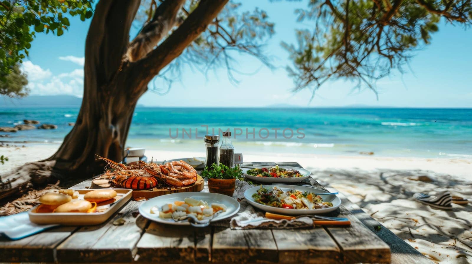 beachside dining setup with seafood on a wooden camping table in summer.