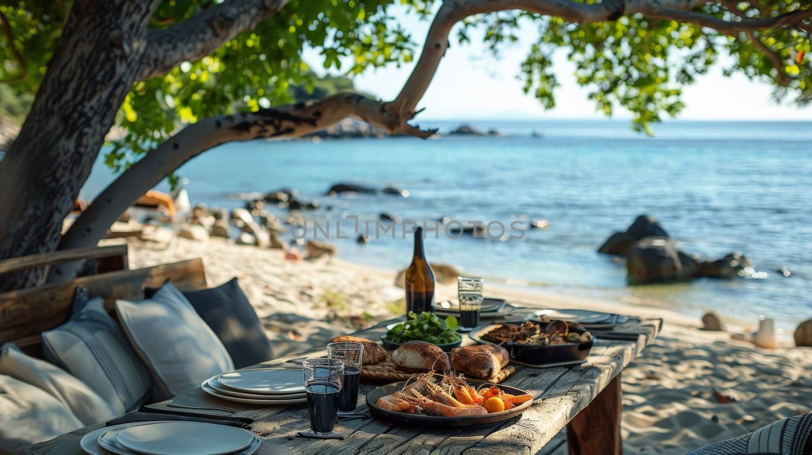 beachside dining setup with seafood on a wooden camping table in summer.