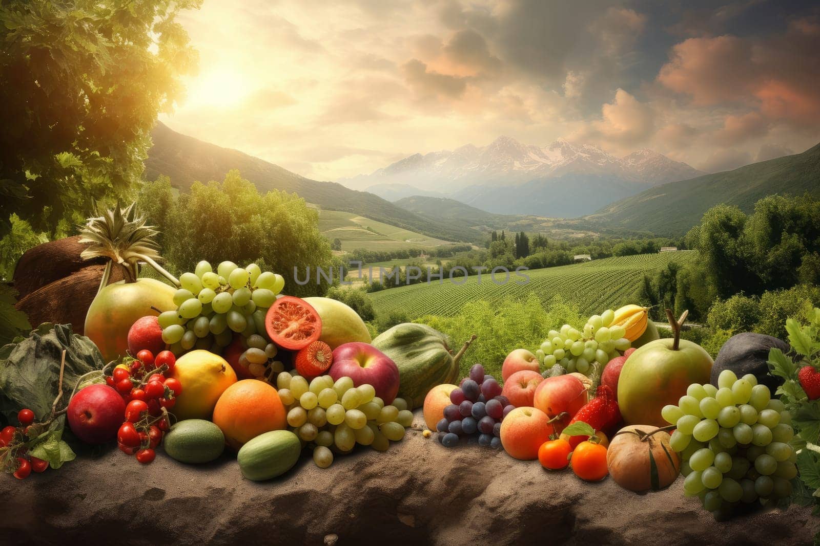 Fruits vegetable landscape. Nature spring field. Generate Ai
