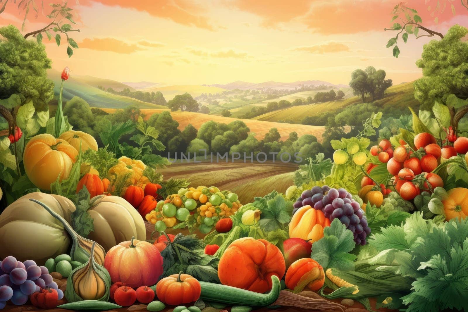 Fruits vegetable landscape nature. Generate Ai by ylivdesign