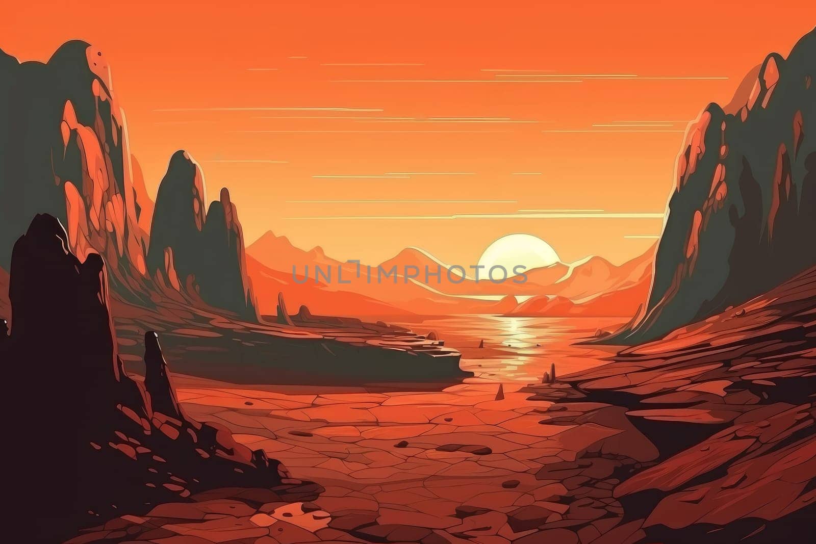 Mars planet landscape sunset. Martian dust. Generate Ai