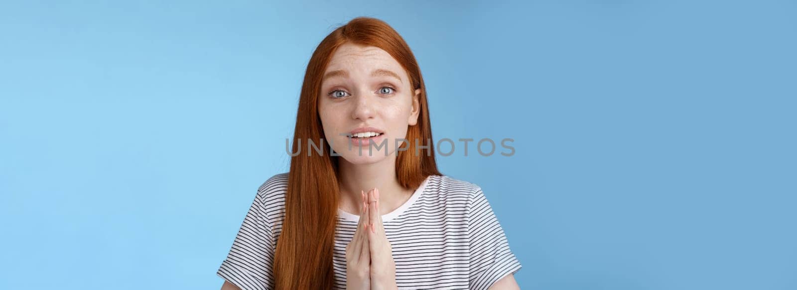 Cute european redhead girl blue eyes straight long ginger hairstyle making promise begging you help press palms together praying say please telling need favour worried pleading, blue background.