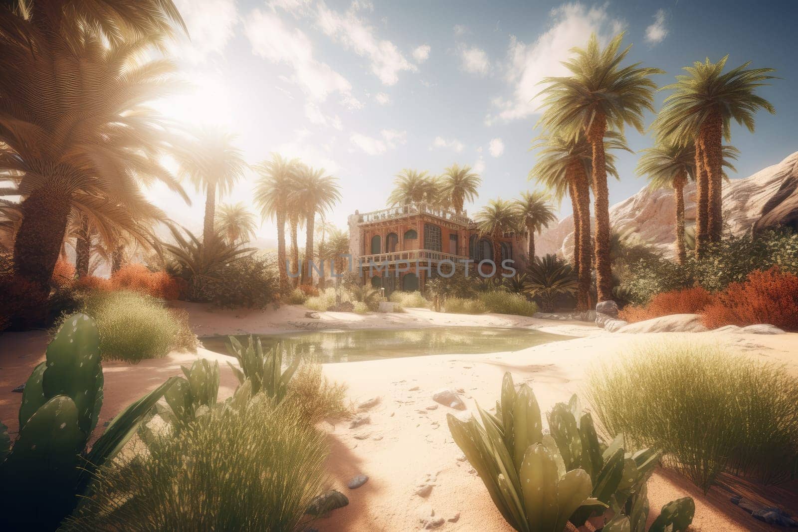 Oasis desert palm tree. Generate Ai by ylivdesign