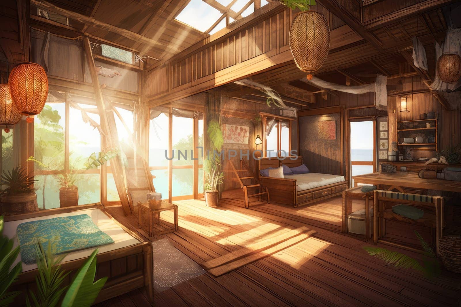 Summer waterfront wood bungalow. Generate Ai by ylivdesign