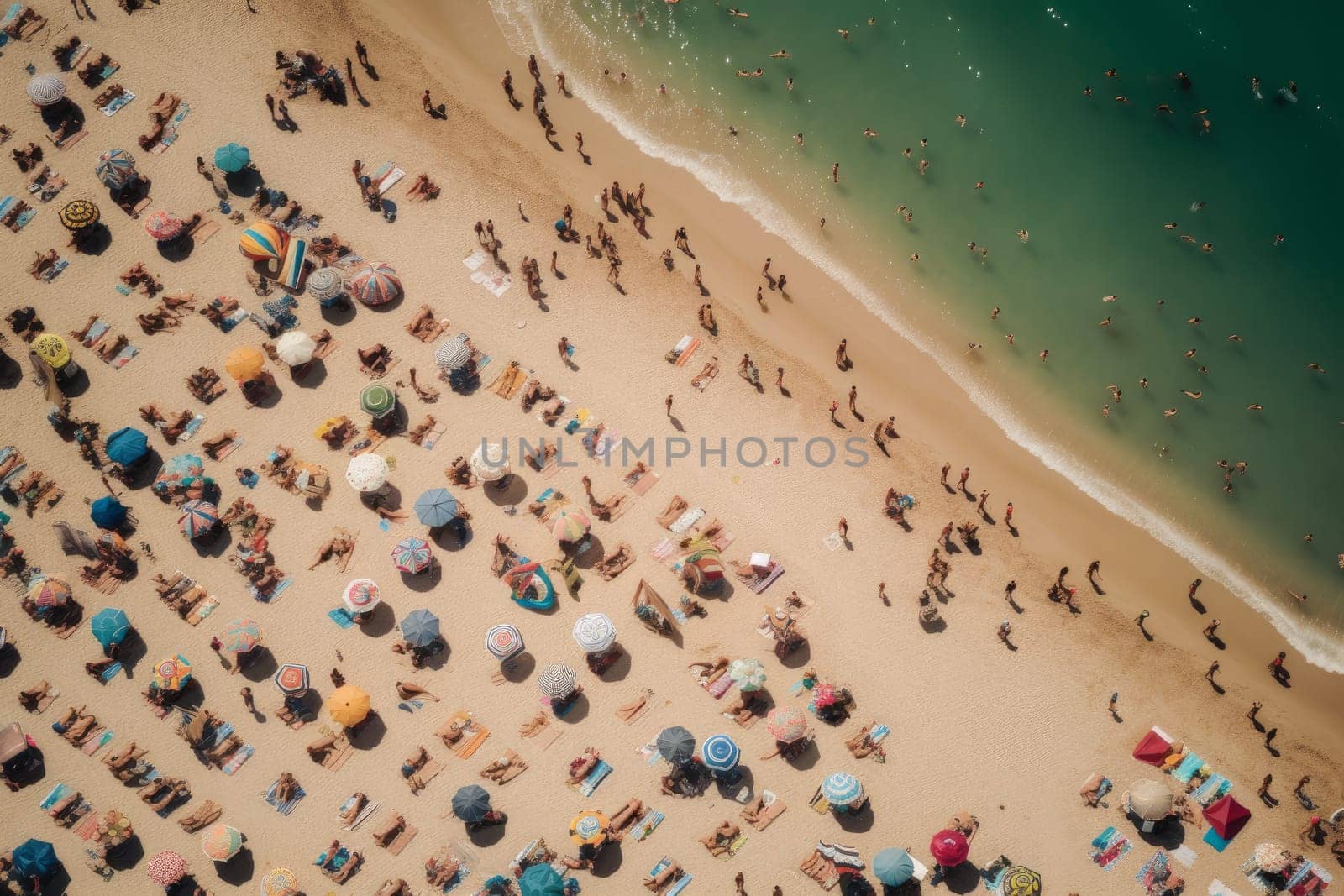 Aerial view crowded beach. Vacation sand. Generate Ai