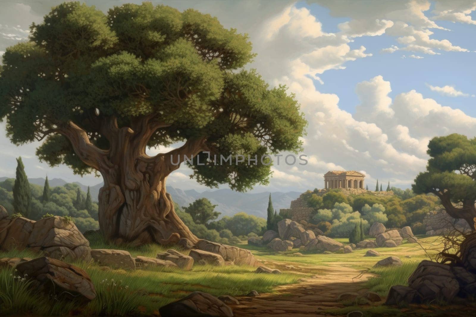 Ancient greece landscape big tree. Digital art. Generate Ai
