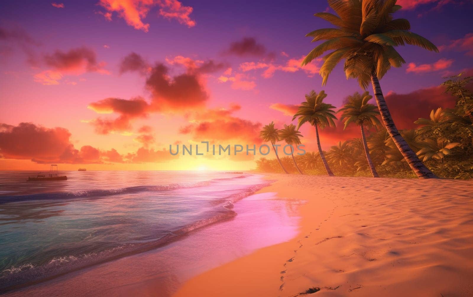 Tropical beach scene sunset. Sea water paradise. Generate Ai