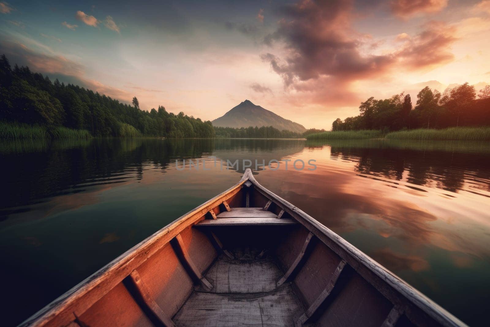 Boat on river mountains travel. Holiday sky. Generate Ai