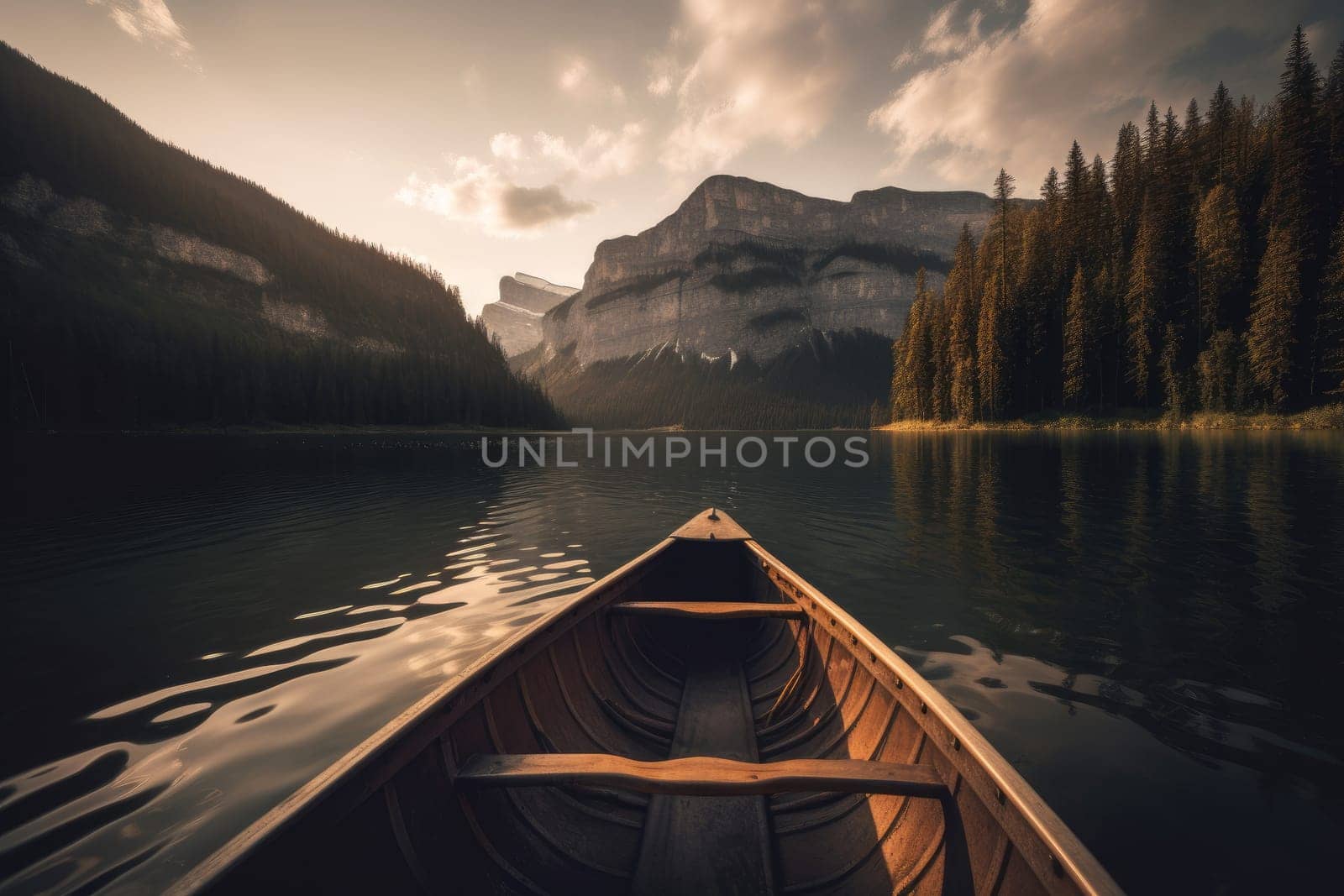 Boat on river mountains sunset. Summer travel. Generate Ai