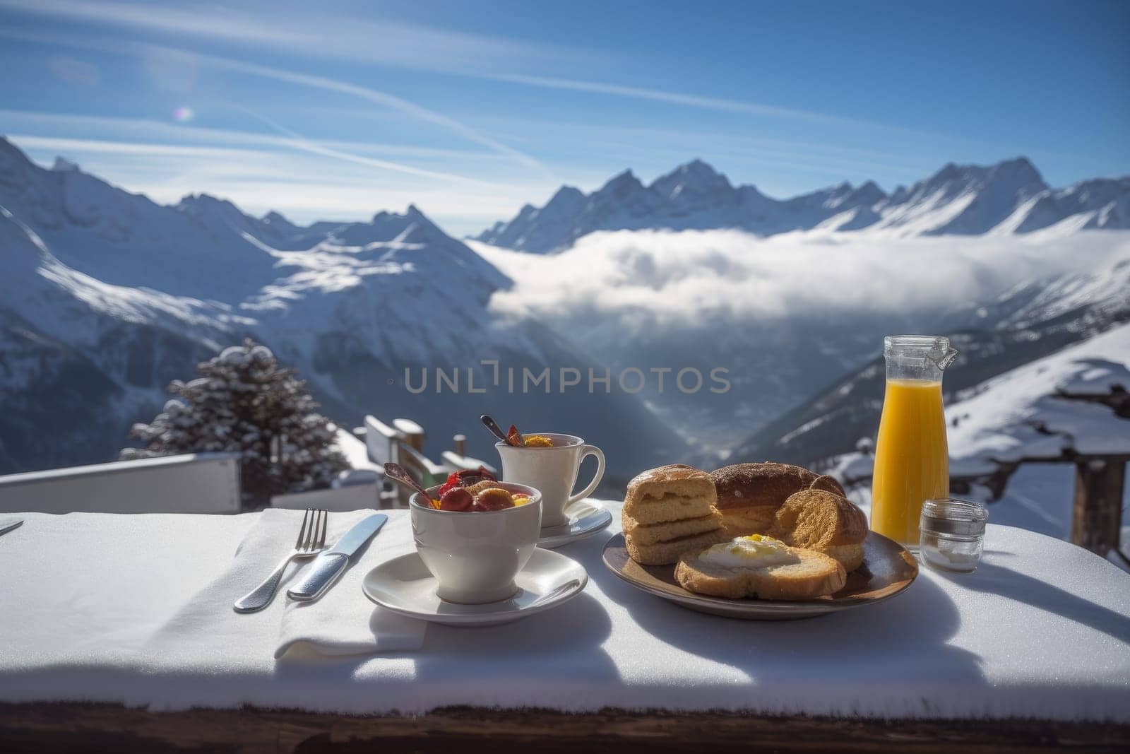 Breakfast mountains winter. Dinner terrace. Generate Ai