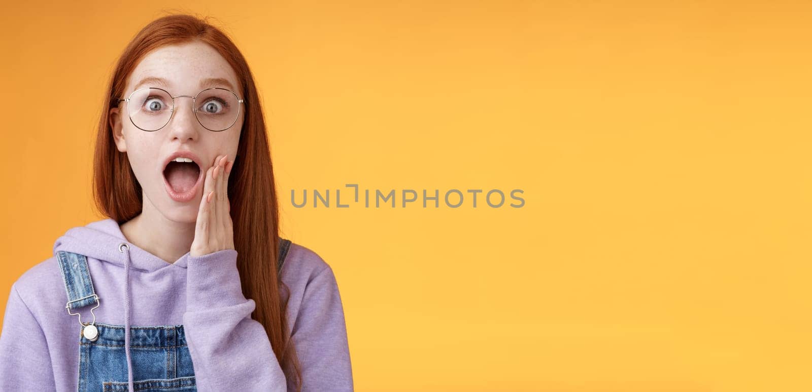 Omg no way. Attractive shocked wondered redhead amused hipster woman modern teenager drop jaw gasping wide eyes surprised standing amazed reacting shocked camera touch cheek excited.