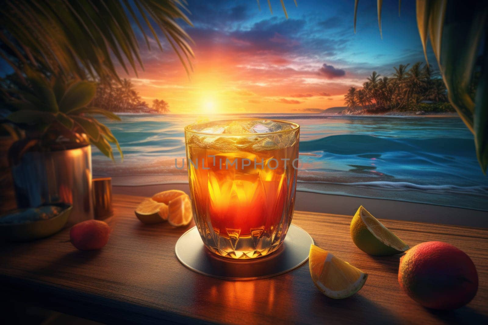 Beach cocktail ocean sunset. Bar food. Generate AI