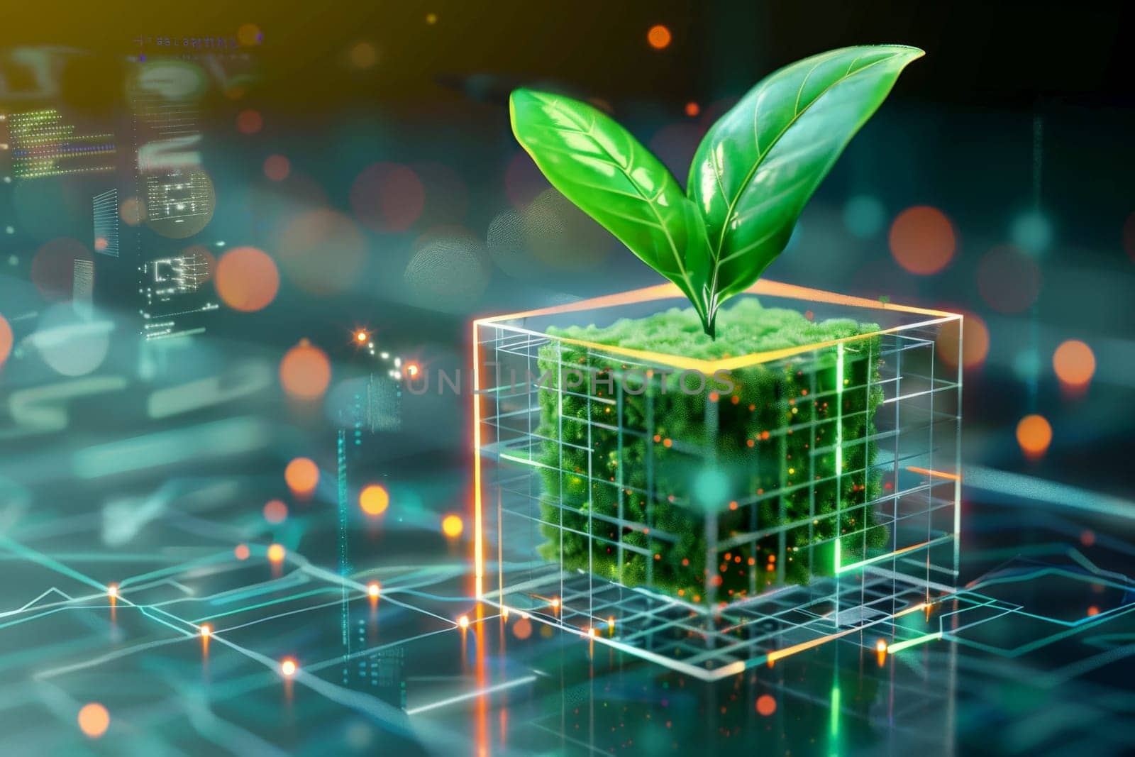 Plant growing from the cubic digital AI. Ecology and environment concept.ai generative.