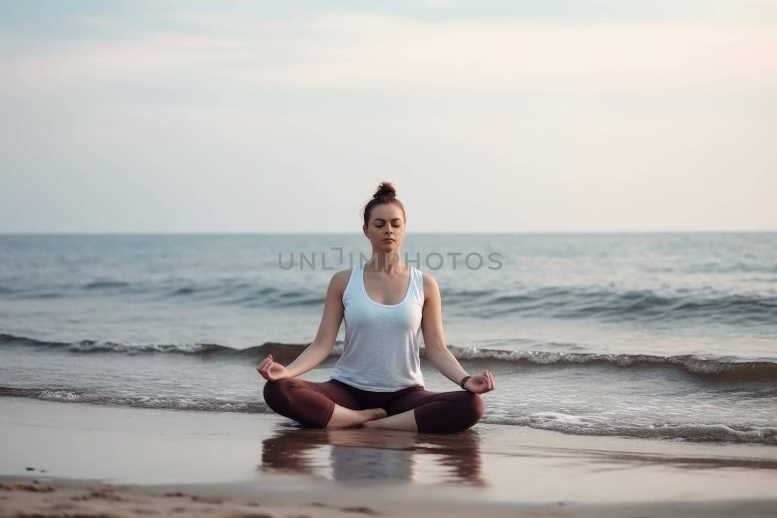 Caucasian woman practice yoga. Ocean nature. Fictional person. Generate Ai