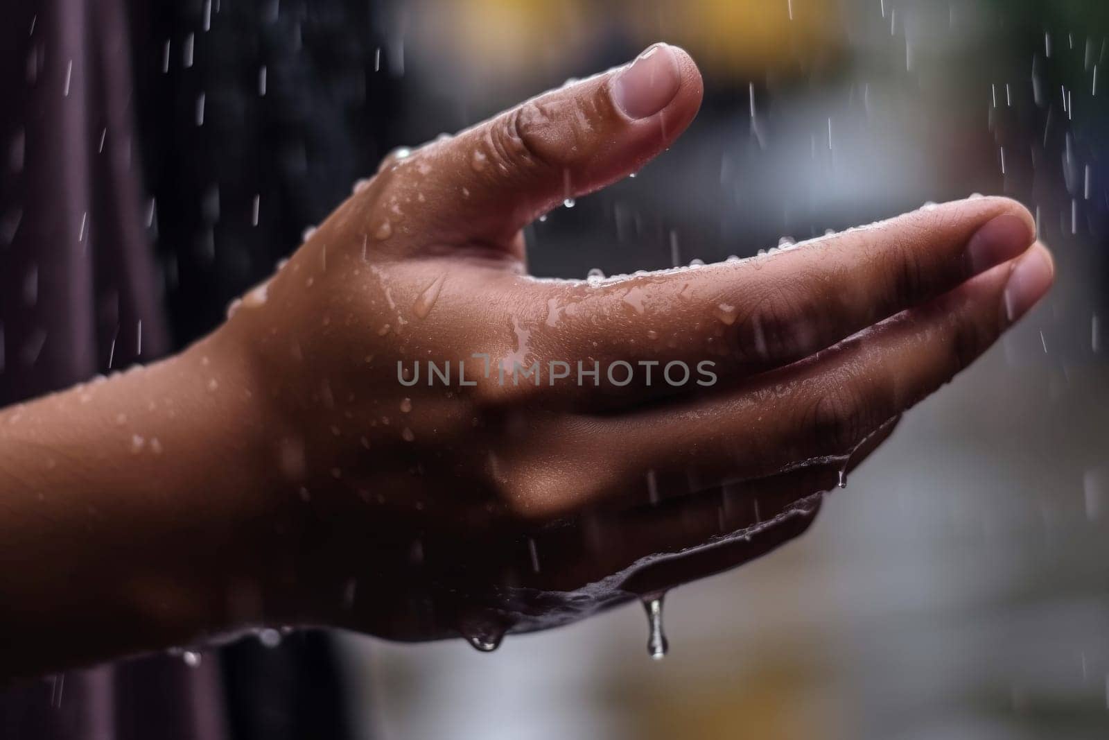 Closeup hand in rain. Nature wet. Generate Ai