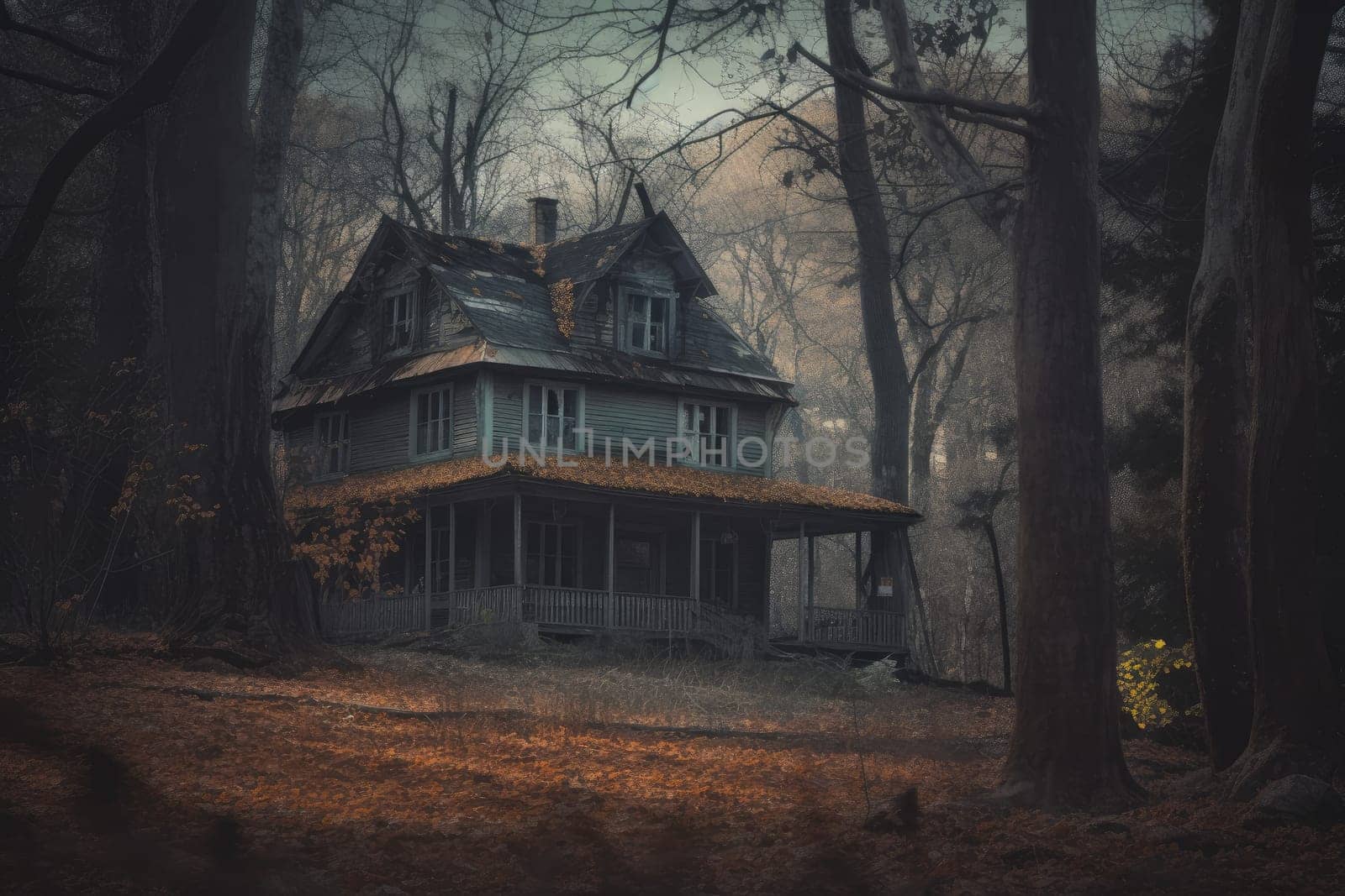 Creepy old hunter house. Nature travel. Generate Ai