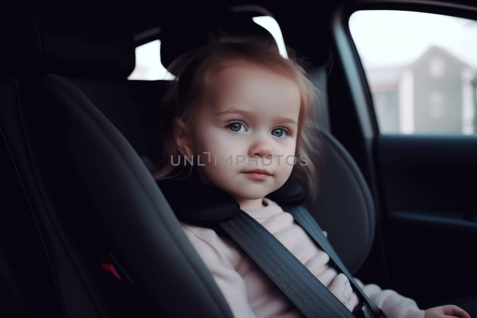 Cute girl in safety seat. Car belt. Fictional person. Generate Ai