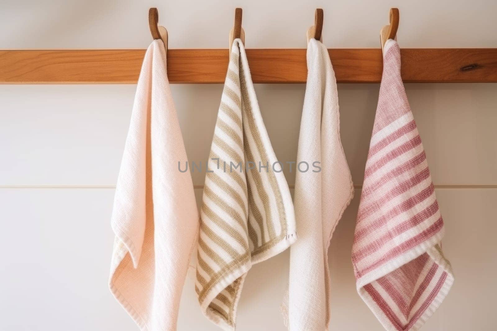 Kitchen striped towels haning on rack. Cleaning cotton. Generate AI