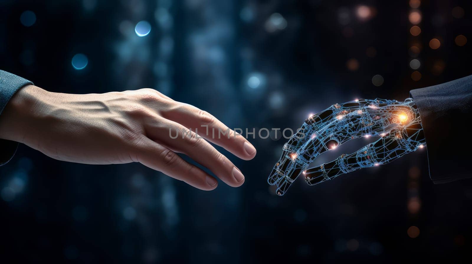 Artificial Intelligence Machine Learning Robot Hands and Human Touch. Big data and transmission protocol system. Robotics or artificial intelligence artificial intelligence connecting human interaction. Chatbot software