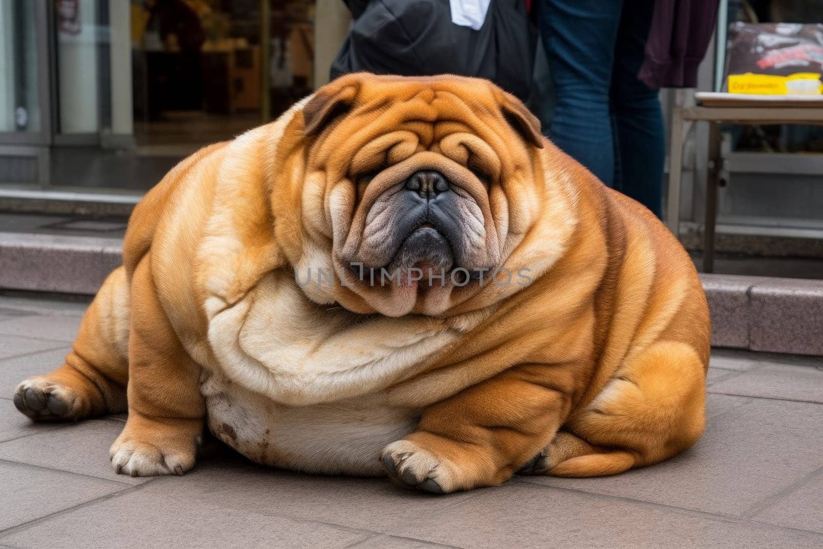 Fatty dog pet on street. Looking obese. Generate Ai