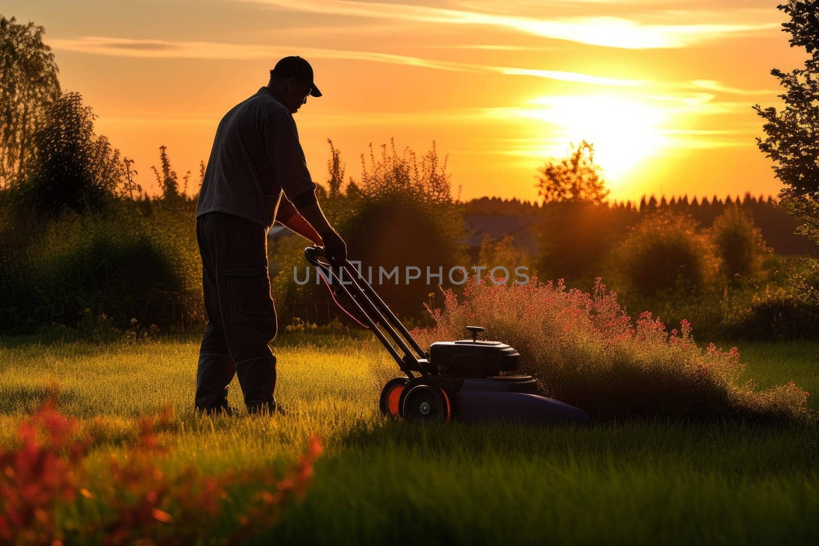 Gardener mowing grass. Nature sunset. Generate Ai